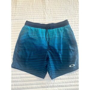 Oakley Mens Swim Trunks Shorts Blue Stripe‎ Drawstring Beach Pool Small